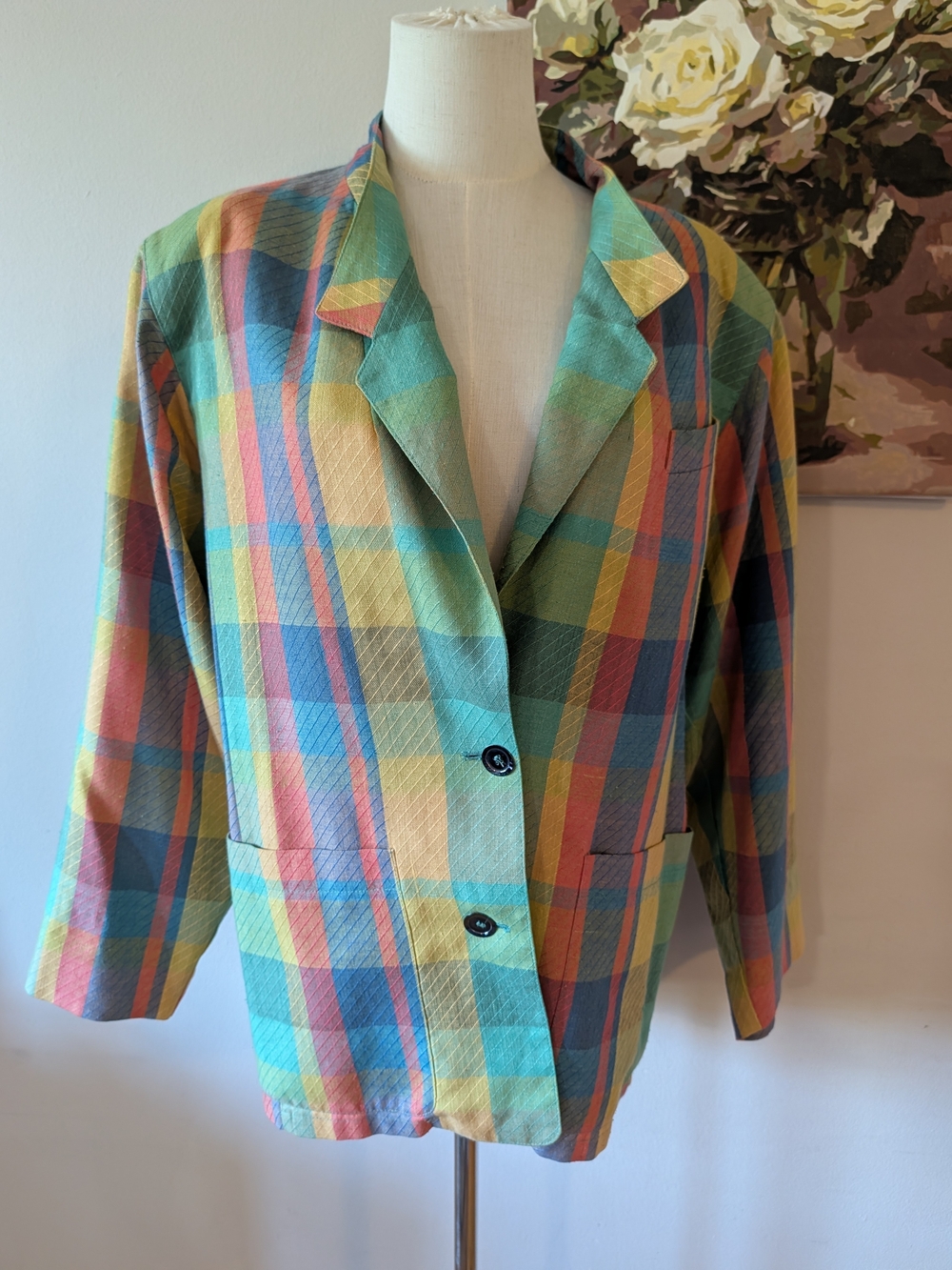 RODIER Vintage (80s/90s) Multicolor Plaid Linen Blend Blazer